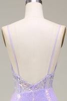 Load image into Gallery viewer, Sparkly Mermaid LighT Purple Corset Formal Dress with Slit