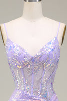 Load image into Gallery viewer, Sparkly Mermaid LighT Purple Corset Formal Dress with Slit