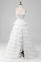 Load image into Gallery viewer, White A-Line Sparkly Sequin Ruffle Skirt Corset Formal Dress With Slit