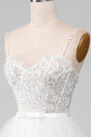 Load image into Gallery viewer, White A-Line Sparkly Sequin Ruffle Skirt Corset Formal Dress With Slit