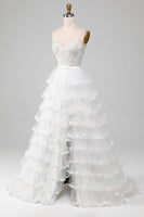 Load image into Gallery viewer, White A-Line Sparkly Sequin Ruffle Skirt Corset Formal Dress With Slit