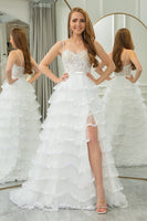 Load image into Gallery viewer, White A Line Spaghetti Straps Tiered Long Corset Formal Dress With Slit