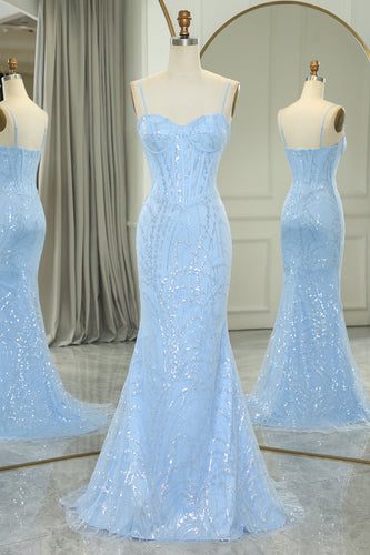 Sparkly Light Blue Mermaid Long Formal Dress With Sequined Appliques