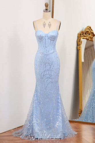 Glitter Light Blue Mermaid Long Formal Dress With Sequined Appliques