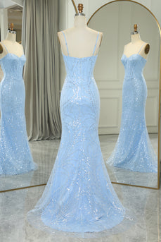 Sparkly Light Blue Mermaid Long Formal Dress With Sequined Appliques