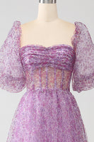 Load image into Gallery viewer, A-Line Square Neck Purple Corset Formal Dress with Half Sleeves