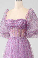 Load image into Gallery viewer, A-Line Square Neck Purple Corset Formal Dress with Half Sleeves