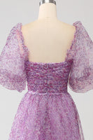 Load image into Gallery viewer, A-Line Square Neck Purple Corset Formal Dress with Half Sleeves