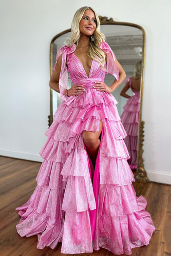 Glitter Hot Pink A Line V Neck Backless Long Tiered Formal Dress with Slit