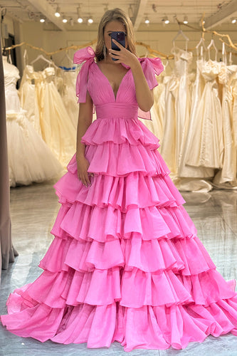 Hot Pink A Line V Neck Long Tiered Formal Dress
