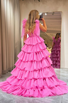 Hot Pink A Line V Neck Long Tiered Formal Dress