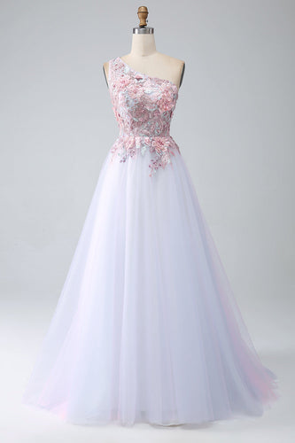 A-Line One Shoulder Pink Formal Dress with Appliques