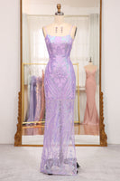 Load image into Gallery viewer, Glitter Lilac Mermaid Spaghetti Straps Backless Long Formal Dress With Embroidery