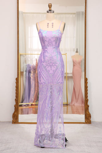 Glitter Lilac Mermaid Spaghetti Straps Backless Long Formal Dress With Embroidery