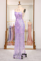 Load image into Gallery viewer, Glitter Lilac Mermaid Spaghetti Straps Backless Long Formal Dress With Embroidery