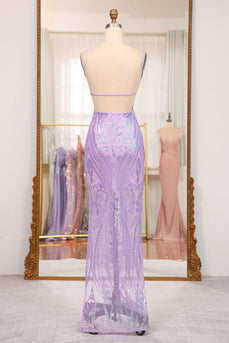 Glitter Lilac Mermaid Spaghetti Straps Backless Long Formal Dress With Embroidery