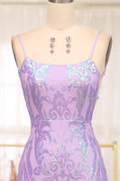 Load image into Gallery viewer, Glitter Lilac Mermaid Spaghetti Straps Backless Long Formal Dress With Embroidery