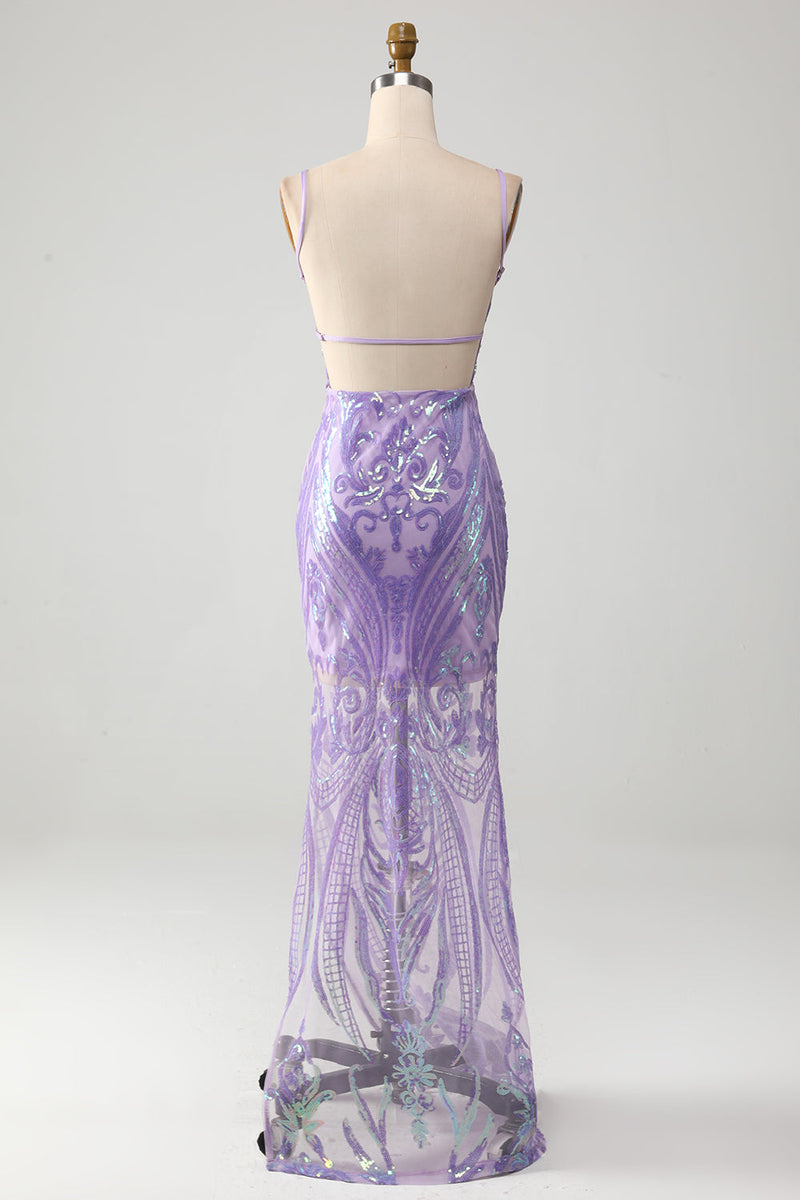 Load image into Gallery viewer, Light Purple Backless Formal Dress with Sequins