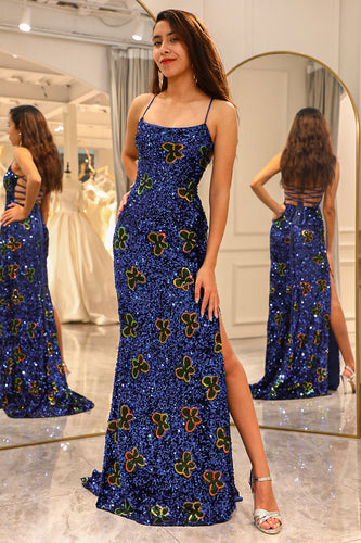 Sparkly Royal Blue Long Sequined Formal Dress With Slit