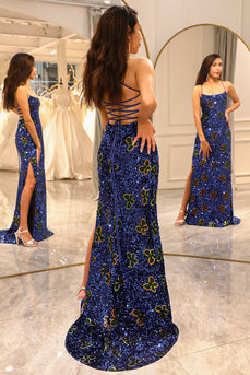 Sparkly Royal Blue Long Sequined Formal Dress With Slit