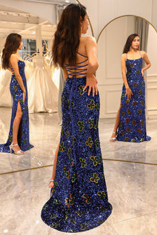 Glitter Royal Blue Long Formal Dress With Slit