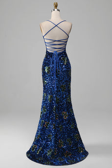 Royal Blue Mermaid Spaghetti Straps Sequins Formal Dress With Slit