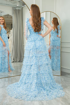 Blue A Line Tulle V Neck Tiered Long Formal Dress With Slit