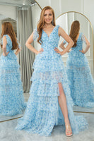 Load image into Gallery viewer, Blue A Line Tulle V Neck Tiered Long Formal Dress With Slit