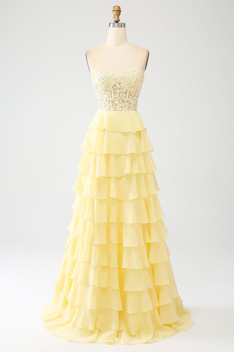 Load image into Gallery viewer, Yellow Sweetheart Tiered Formal Dress