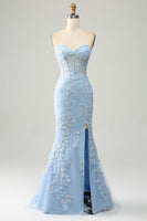 Load image into Gallery viewer, Light Blue Mermaid Sweetheart Corset Appliques Formal Dress With Side Slit