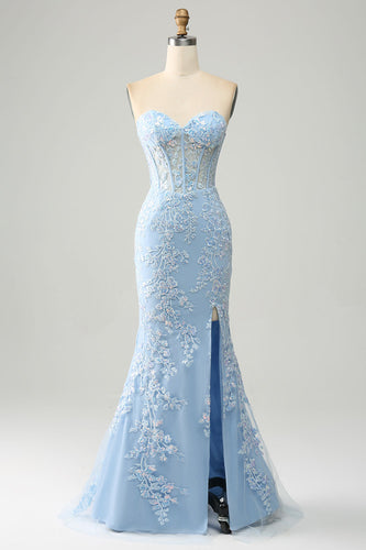 Light Blue Mermaid Sweetheart Corset Appliques Formal Dress With Side Slit