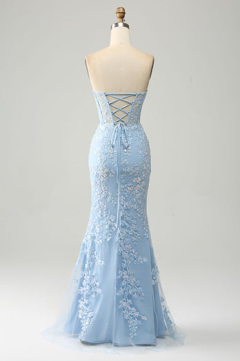 Light Blue Mermaid Sweetheart Corset Appliques Formal Dress With Side Slit