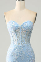 Load image into Gallery viewer, Light Blue Mermaid Sweetheart Corset Appliques Formal Dress With Side Slit