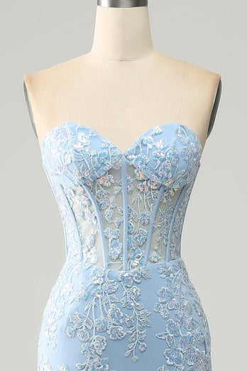 Light Blue Mermaid Sweetheart Corset Appliques Formal Dress With Side Slit