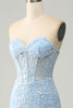 Load image into Gallery viewer, Light Blue Mermaid Sweetheart Corset Appliques Formal Dress With Side Slit