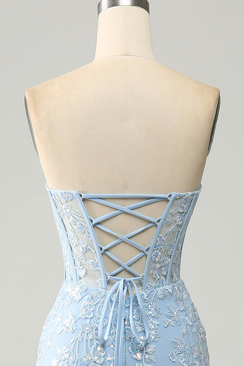 Load image into Gallery viewer, Light Blue Mermaid Sweetheart Corset Appliques Formal Dress With Side Slit