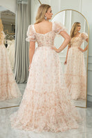 Load image into Gallery viewer, Champagne A Line Square Neck Long Formal Dress With Short Sleeves