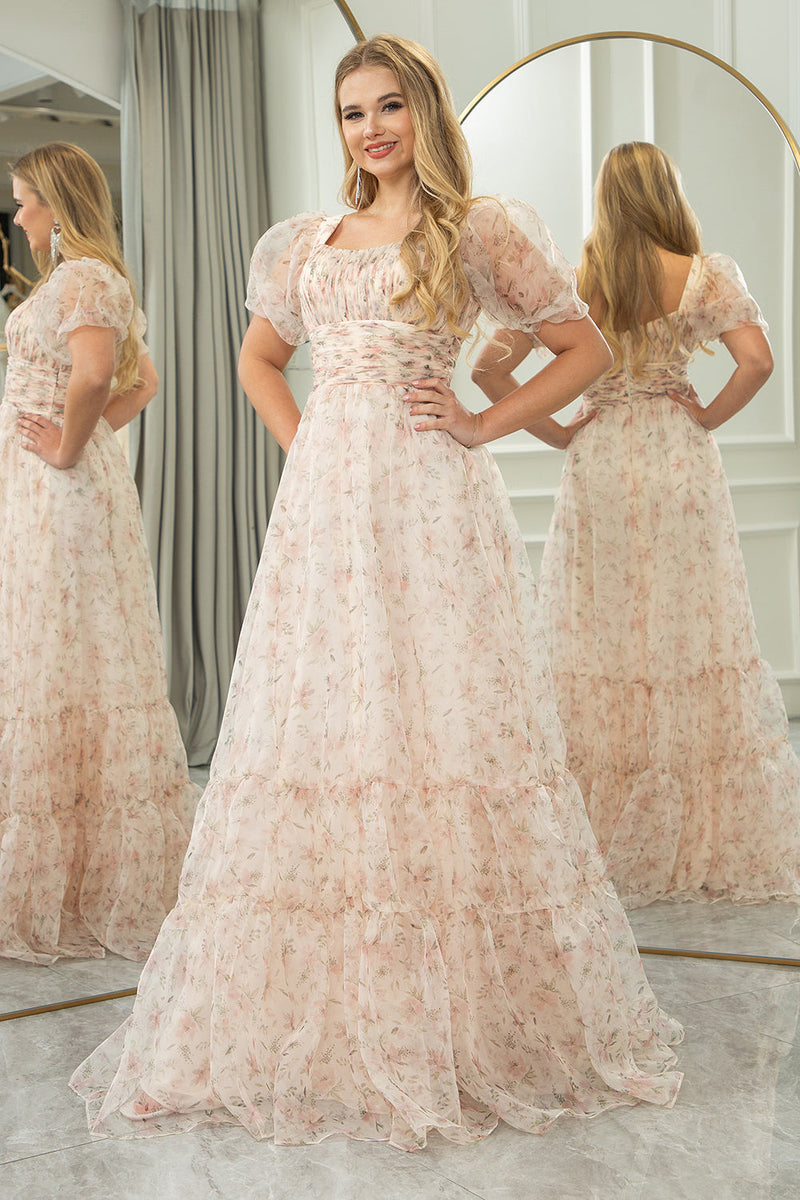 Load image into Gallery viewer, Champagne A Line Square Neck Long Formal Dress With Short Sleeves