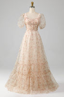 Load image into Gallery viewer, Champagne A-Line Floral Print Pleated Tiered Formal Dress With Puff Sleeves