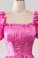 Load image into Gallery viewer, Puff Sleeves Hot Pink Formal Dress with Ruffles