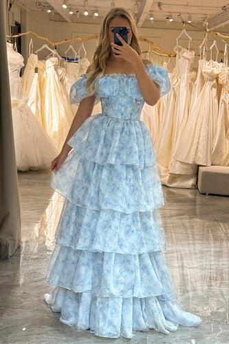 Light Blue A Line Long Tiered Corset Formal Dress