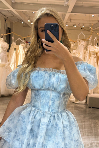 Light Blue A Line Long Tiered Corset Formal Dress