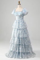 Load image into Gallery viewer, A Line Square Neck Light Blue Tiered Formal Dress with Ruffles