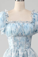 Load image into Gallery viewer, A Line Square Neck Light Blue Tiered Formal Dress with Ruffles