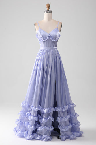 Lavender Spaghetti Straps A Line Ruffles Formal Dress with Slit