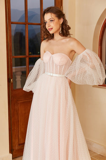 Pink Polka Dots Wedding Dress with Puff Sleeves