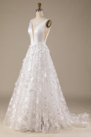 Load image into Gallery viewer, Ivory A-Line V-Neck Wedding Dress with 3D Flowers