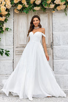 Load image into Gallery viewer, Elegant A Line Off the Shoulder Ivory Chiffon Wedding Dress with Lace