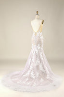 Load image into Gallery viewer, Tulle Backless Ivory Wedding Dress with Appliques