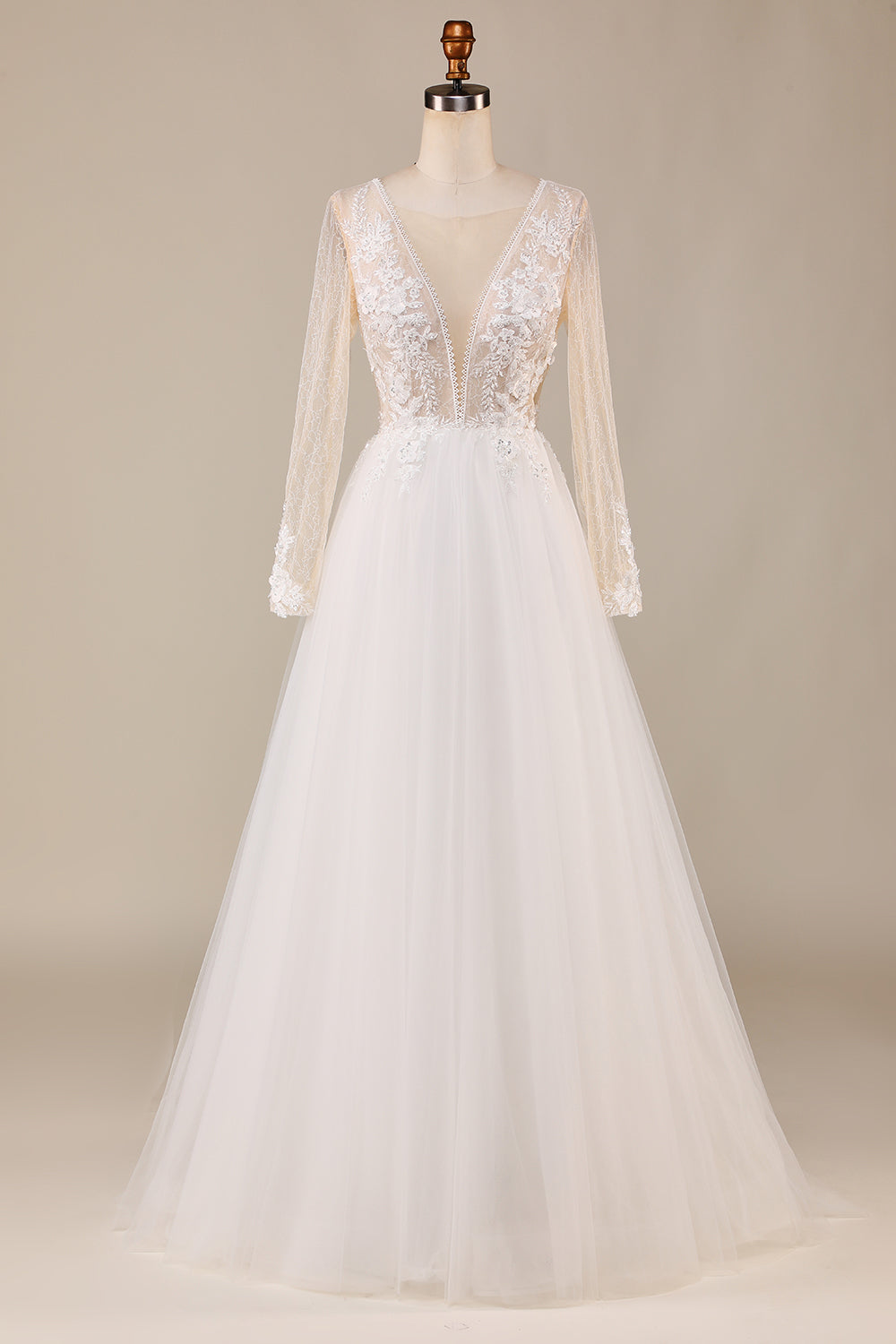 Tulle Ivory Long Sleeves Wedding Dress with Lace